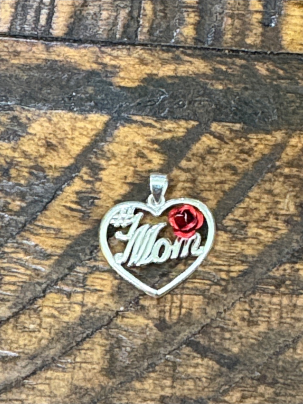"Mom" Heart Pendant Necklace with Red Rose Accent